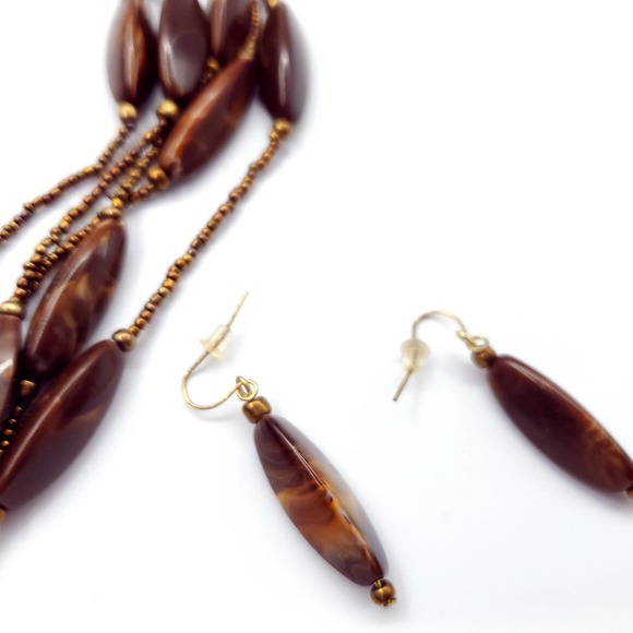 Necklace Earrings Set Brown Strands Beaded - Picture 5 of 5